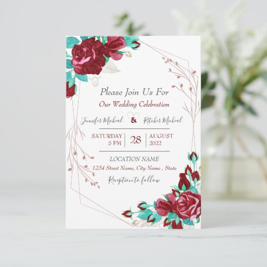 Flora Flowers & bladeren Burgundy Wedding Invite Kaart (Staand voorkant)