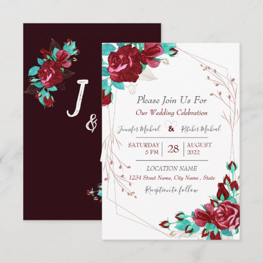 Flora Flowers & bladeren Burgundy Wedding Invite Kaart (Voorkant / Achterkant)