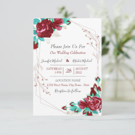 Flora Flowers & bladeren Burgundy Wedding Invite Kaart