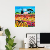 FLORA IN TOSCAANSE Velden ,Klaprozen en Zonnebloem Poster (Thuiskantoor)
