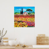 FLORA IN TOSCAANSE Velden ,Klaprozen en Zonnebloem Poster (Keuken)