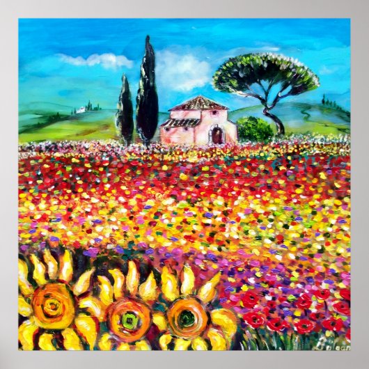FLORA IN TOSCAANSE Velden ,Klaprozen en Zonnebloem Poster (Voorkant)