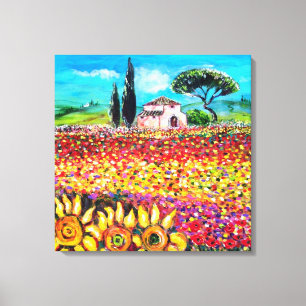 FLORA IN TUSCANY/Fields, papavers en zonnebloemen Canvas Afdruk