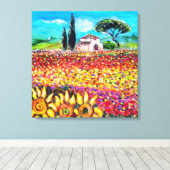 FLORA IN TUSCANY/Fields, papavers en zonnebloemen Canvas Afdruk (Insitu (Houten vloer))