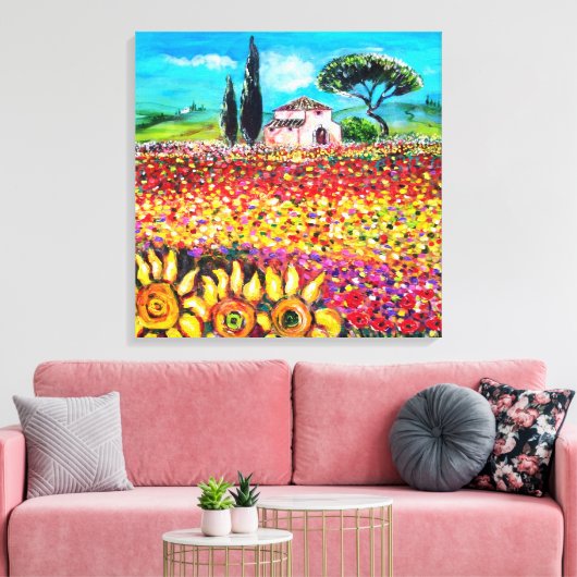 FLORA IN TUSCANY/Fields, papavers en zonnebloemen Canvas Afdruk (Insitu (Woonkamer))