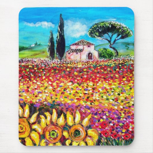 FLORA IN TUSCANY/Fields, papavers en zonnebloemen Muismat (Voorkant)