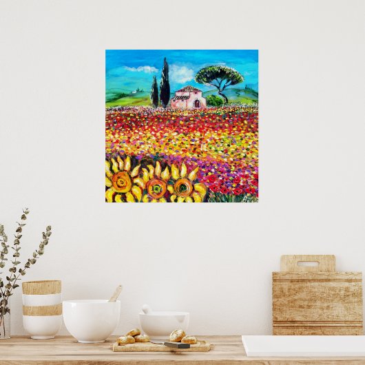 FLORA IN TUSCANY/Fields, papavers en zonnebloemen Poster (Keuken)