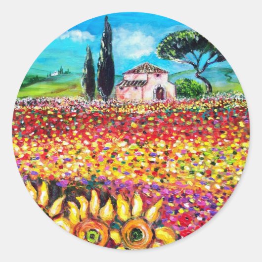 FLORA IN TUSCANY/Fields, papavers en zonnebloemen Ronde Sticker (Voorkant)