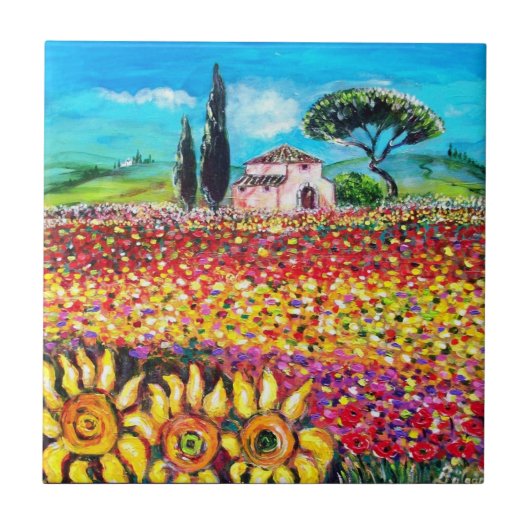 FLORA IN TUSCANY/Fields, papavers en zonnebloemen Tegeltje (Voorkant)