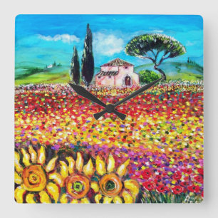 FLORA IN TUSCANY/Fields, papavers en zonnebloemen Vierkante Klok