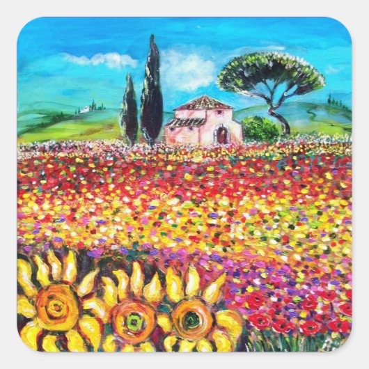 FLORA IN TUSCANY/Fields, papavers en zonnebloemen Vierkante Sticker (Voorkant)