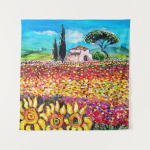 FLORA IN TUSCANY/Fields, papavers en zonnebloemen Wandkleed