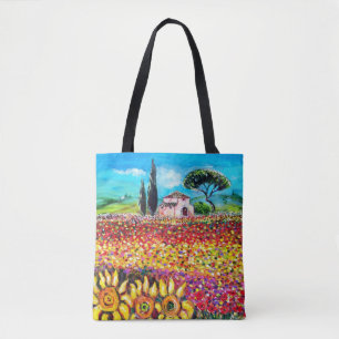 FLORA IN TUSCANY LANDSCAPE Poppies and Sunflower Tote Bag
