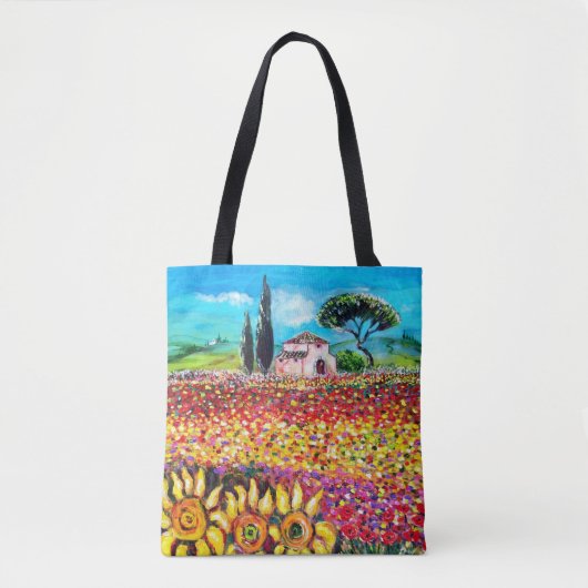FLORA IN TUSCANY LANDSCAPE Poppies and Sunflower Tote Bag (Voorkant)