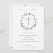 Flora Laurel Wreath Dusky Blue Gray Baptism Invite Bedankkaart (Voorkant)