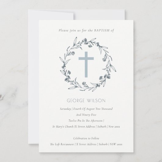 Flora Laurel Wreath Dusky Blue Gray Baptism Invite Bedankkaart (Voorkant)