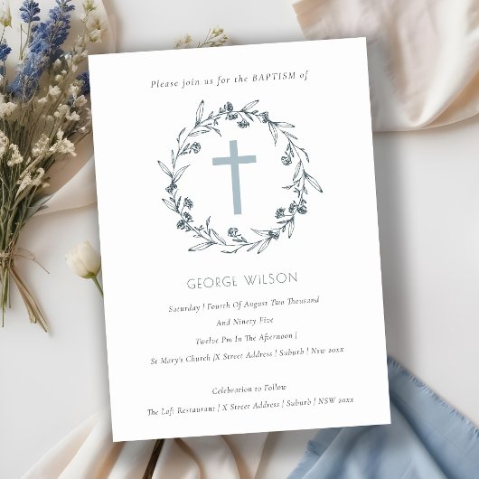 Flora Laurel Wreath Dusky Blue Gray Baptism Invite Bedankkaart