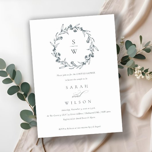 Flora Laurel Wreath Monogram Couples Shower Invite Bedankkaart