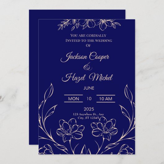 Flora Navy Blauwe Huwelijksuitnodiging Kaart (Voorkant / Achterkant)