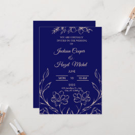 Flora Navy Blauwe Huwelijksuitnodiging Kaart
