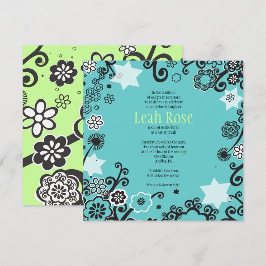 Flora Star Aqua Bat Mitzvah Uitnodiging (Voorkant / Achterkant)