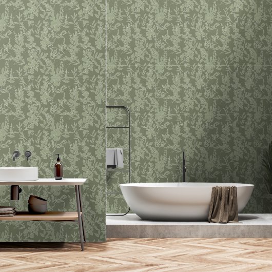 Flora textured wallpaper in olive green behang (Badkamer)