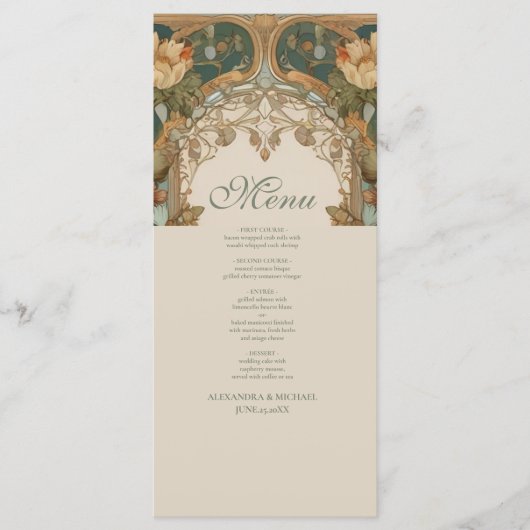 Flora Vintage Art Nouveau Bruiloft  Menu (Voorkant)