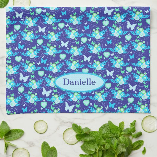 Flora vlinders en harten blauwe douanenaam theedoek (Gevouwen)