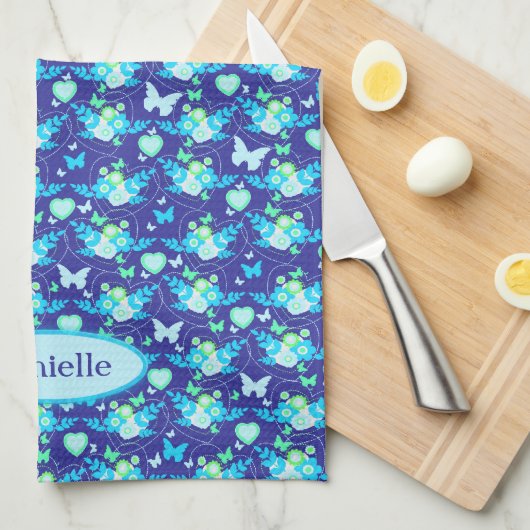 Flora vlinders en harten blauwe douanenaam theedoek (Quarter Fold)