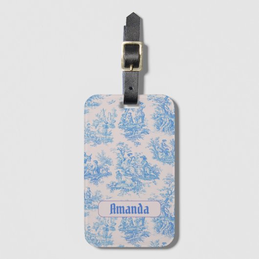 floraal blauw turquoise toile jouy monogram bagagelabel (Voorkant (verticaal))