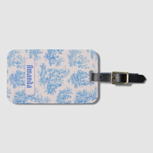  floraal blauw turquoise toile jouy monogram bagagelabel (Voorkant (horizontaal))
