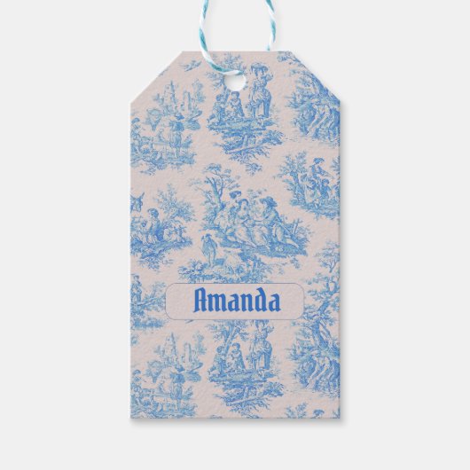 floraal blauw turquoise toile jouy monogram cadeaulabel (Voorkant)