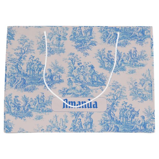  floraal blauw turquoise toile jouy monogram groot cadeauzakje (Voorkant)
