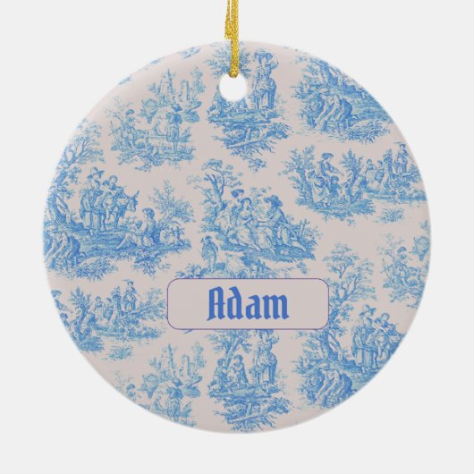 floraal blauw turquoise toile jouy monogram keramisch ornament (Achterkant)