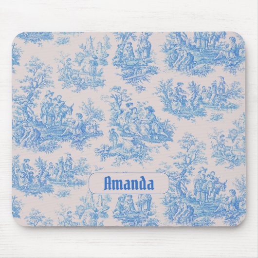 floraal blauw turquoise toile jouy monogram muismat (Voorkant)
