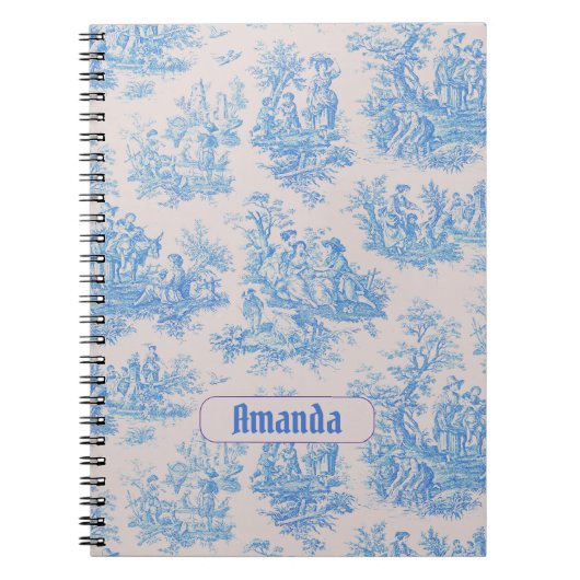  floraal blauw turquoise toile jouy monogram notitieboek (Voorkant)