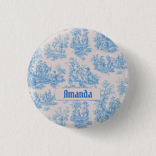  floraal blauw turquoise toile jouy monogram ronde button 3,2 cm