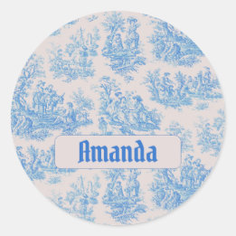  floraal blauw turquoise toile jouy monogram ronde sticker