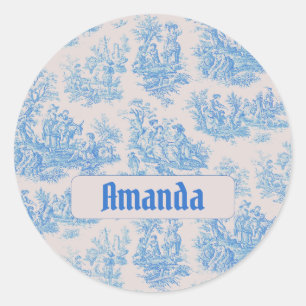floraal blauw turquoise toile jouy monogram ronde sticker