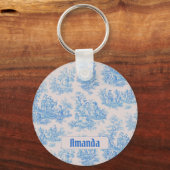  floraal blauw turquoise toile jouy monogram sleutelhanger (Voorkant)