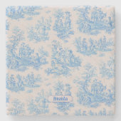  floraal blauw turquoise toile jouy monogram stenen onderzetter (Voorkant)