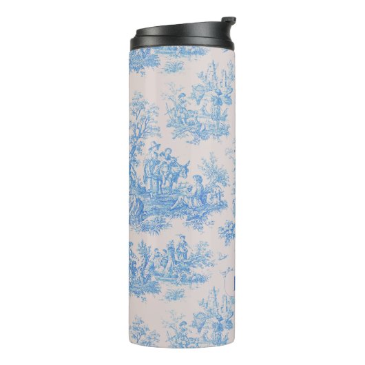 floraal blauw turquoise toile jouy monogram thermosbeker (Gedraaid links)