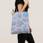 floraal blauw turquoise toile jouy monogram tote bag (Dichtbij)