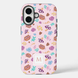 Floraal Cheshire Cat Patroon Roze Monogram iPhone 16 Hoesje