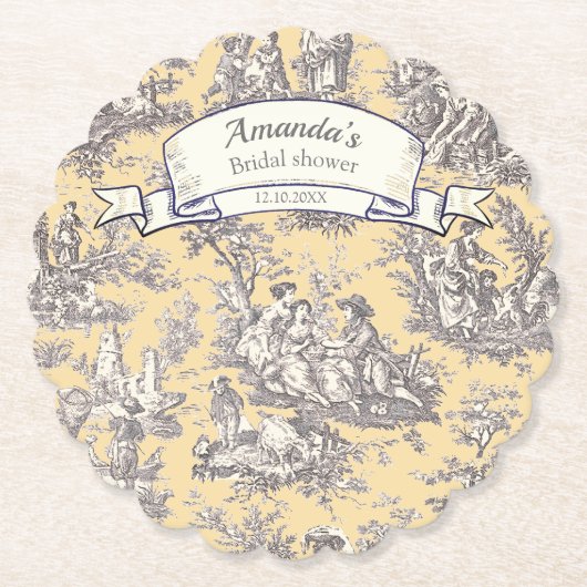 floraal geel grijs Toile de Jouy Kartonnen Onderzetters (Voorkant)