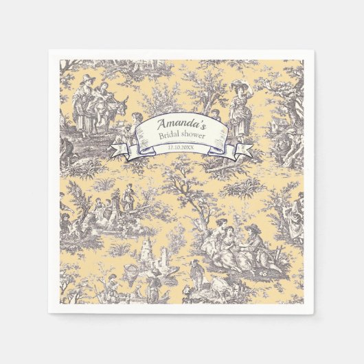floraal geel grijs Toile de Jouy Servet (Voorkant)