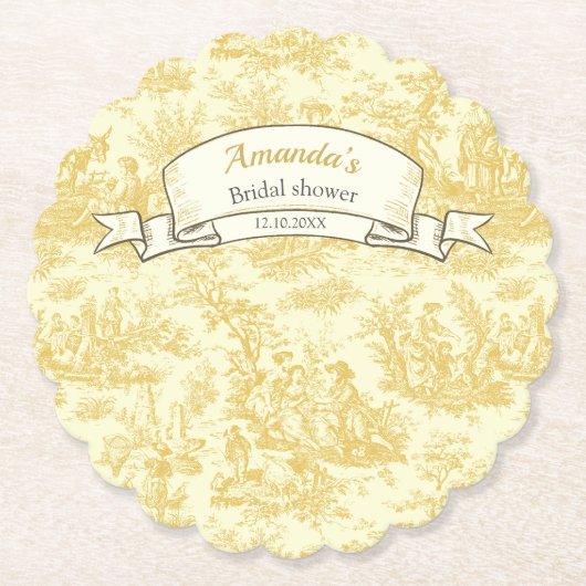 floraal geel Toile de Jouy Shower Kartonnen Onderzetters (Voorkant)
