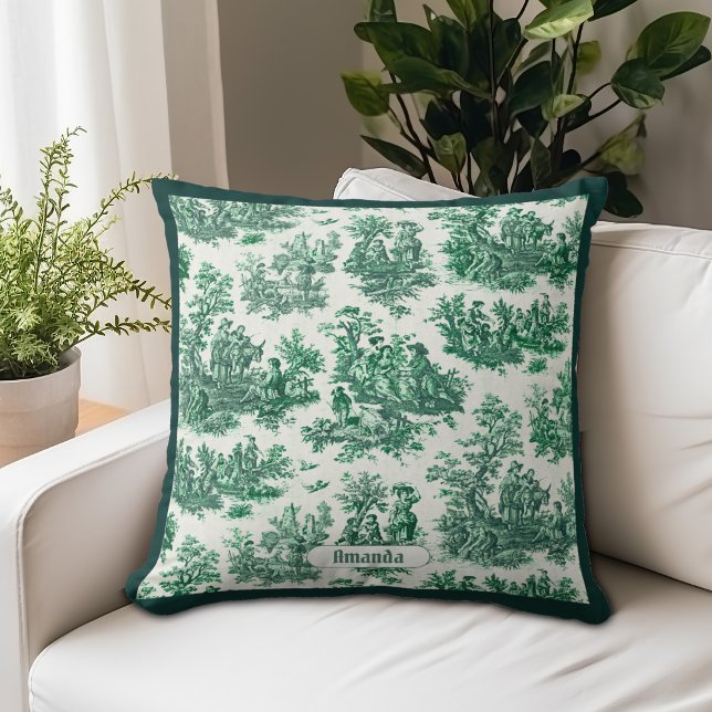  floraal groen toile jouy monogram kussen (Creator heeft geüpload)