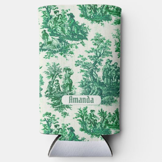 floraal groen toile jouy monogram seltzer blikjeskoeler (Voorkant)