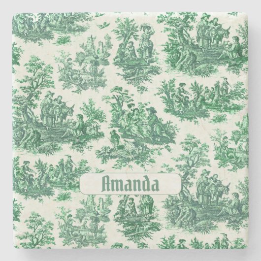  floraal groen toile jouy monogram stenen onderzetter (Voorkant)